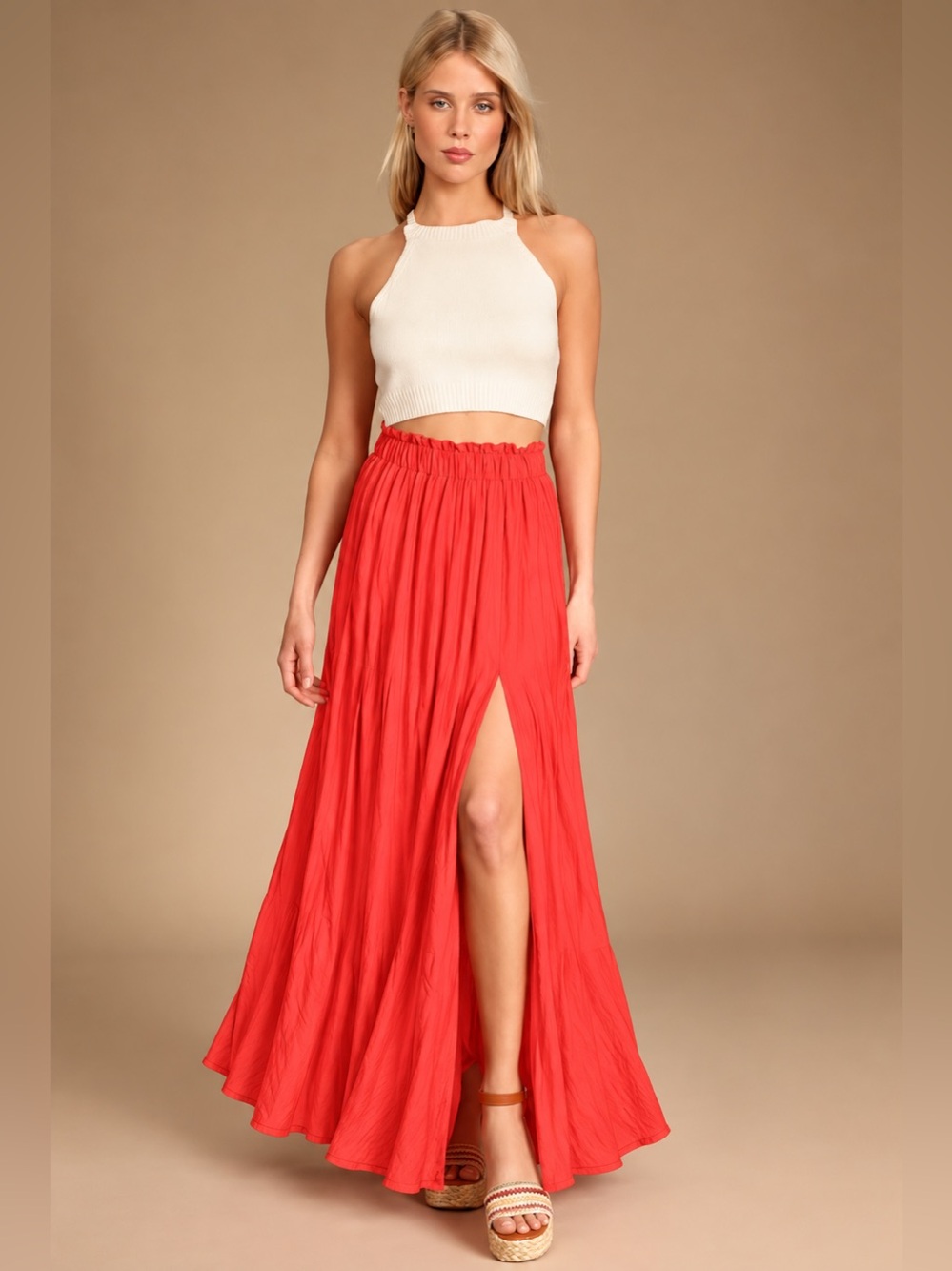 Lulu's Coral-Red High-Slit Maxi Skirt